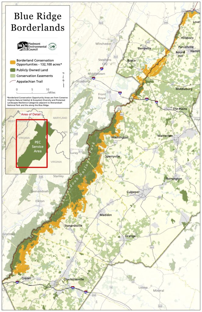 A map featuring Shenandoah National Park in green and conservation opportunities in orange. 