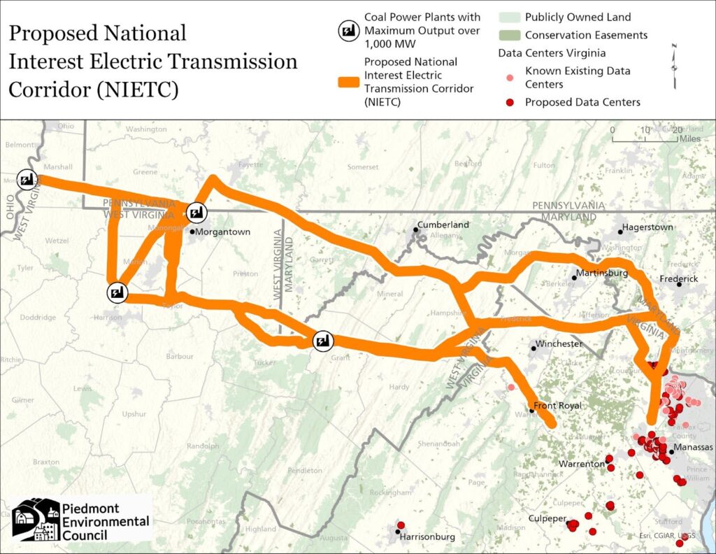 The proposed Mid-Atlantic corridor would cut across public and private lands in Clarke, Fauquier, Frederick, Loudoun and Warren counties to connect data centers with coal power plants. Note that the mapped route is approximate, not exact – the corridor could include existing rights of way. Map by Watsun Randolph/PEC