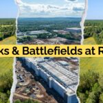 Thumbnail image with a drone photo of Wilderness Battlefield split down the middle by a drone photo of a data center under construction. Text across the center of the image reads "Parks & Battlefields at Risk."