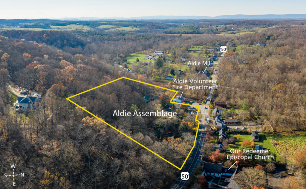 An aerial overview outlining the Aldie Assemblage near the Aldie Volunteer Fire Department, Aldie Mill, and across from Our Redeemer Episcopal Church.