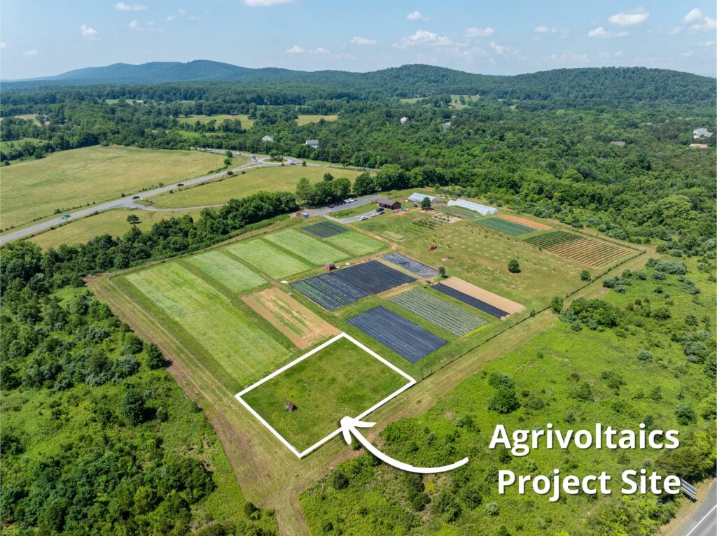 An aerial view of a farm. A white box is around the bottom right corner of the farm property, with an arrow pointing to it that says "Agrivoltaics Project Site"