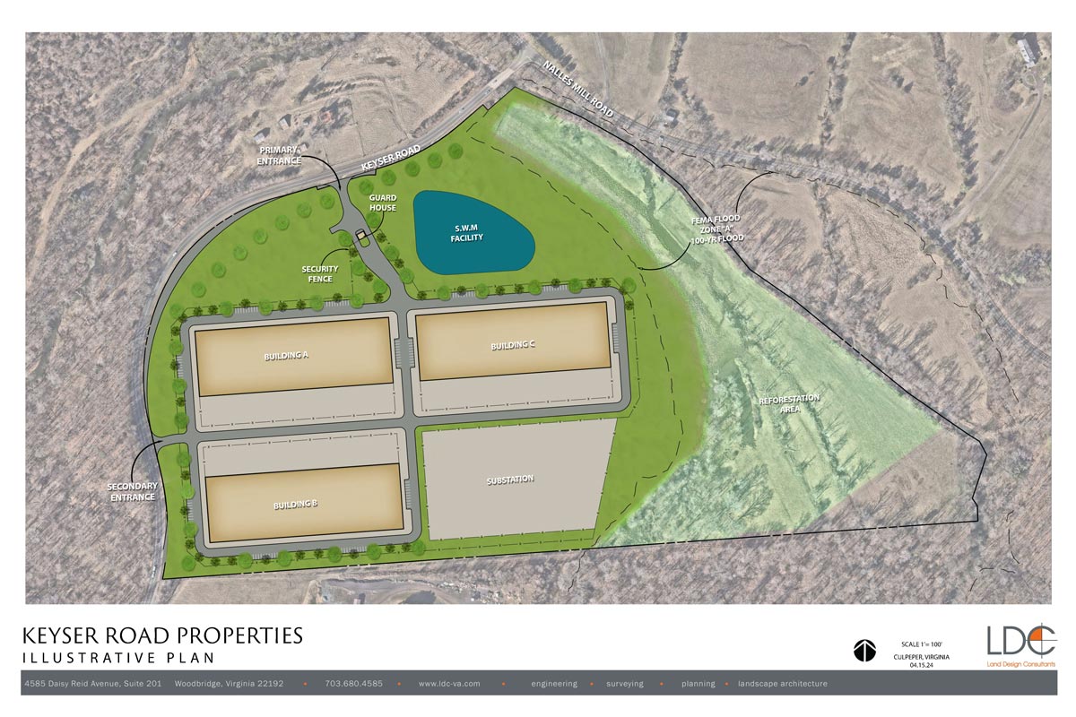 satellite image of keyser farm property of trees and open space with digital illustration of 3 rectangles where data centers and a substation will be located